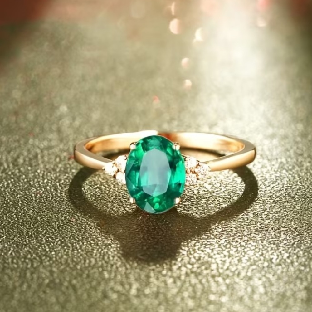 22 K Gold Plated Ring with Emerald Green Oval Synthetic Cubic Zirconia - size 7